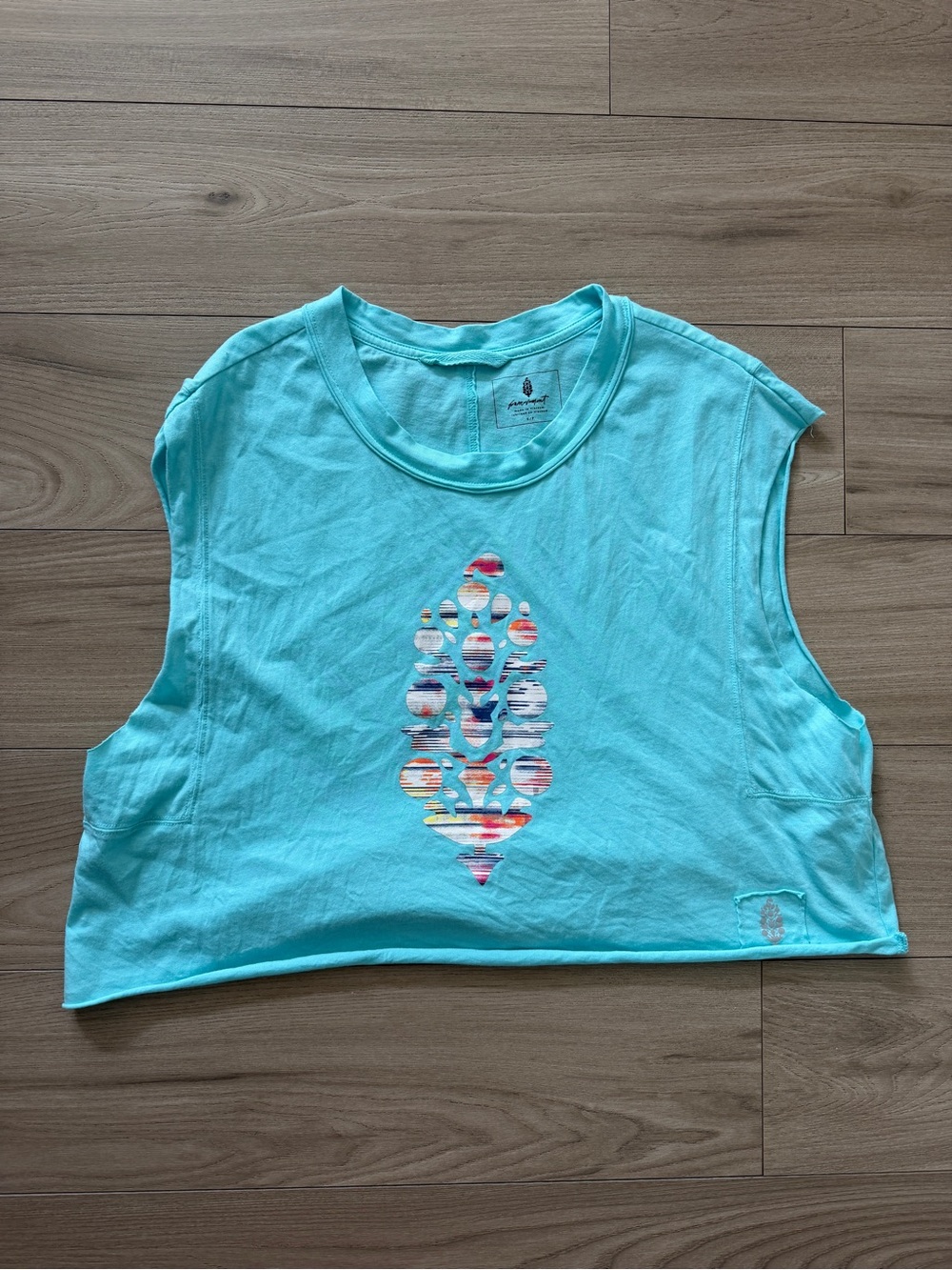 FP Movement by Free People Aqua Blue Cropped Muscle Tank with Multicolor Graphic